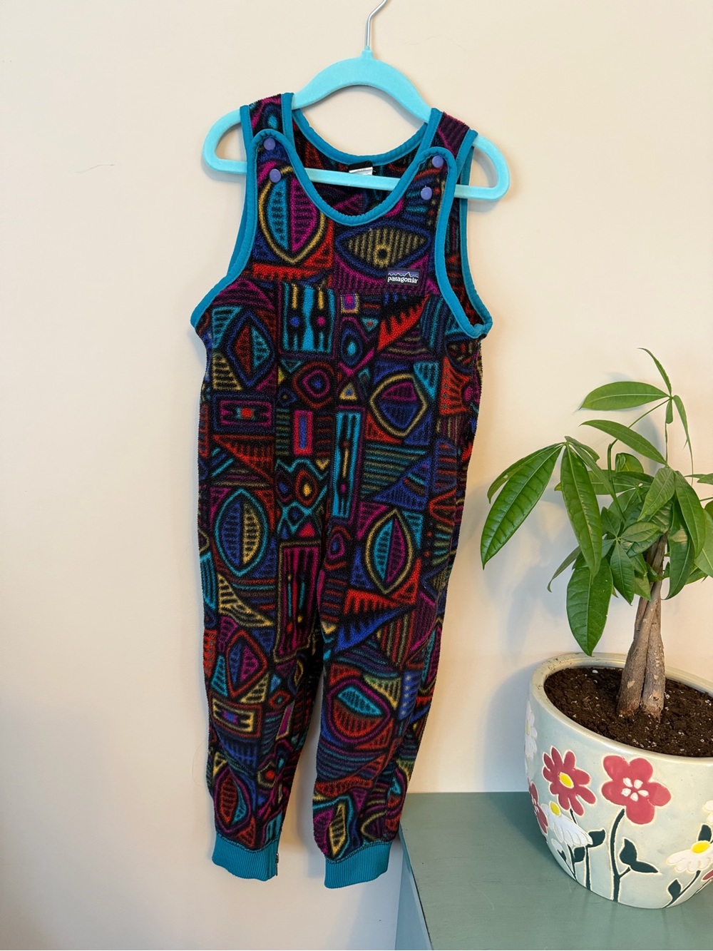 Vintage Retro Patagonia Geometric Synchilla Fleece overalls  with Teal Trim 3T
